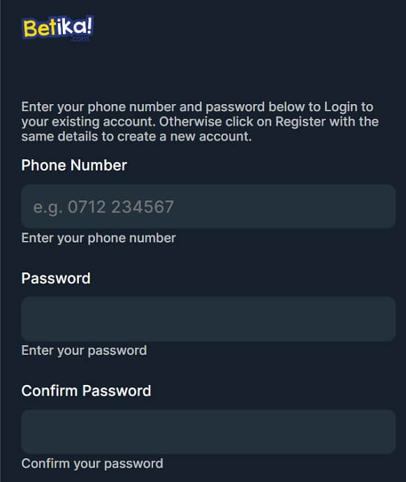 Betika Registration Details