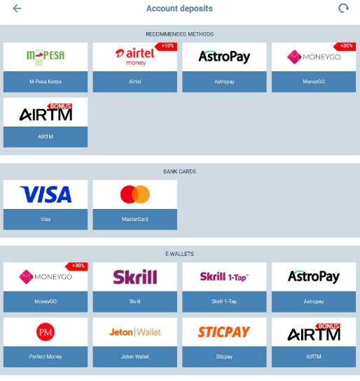 1xbet deposit methods